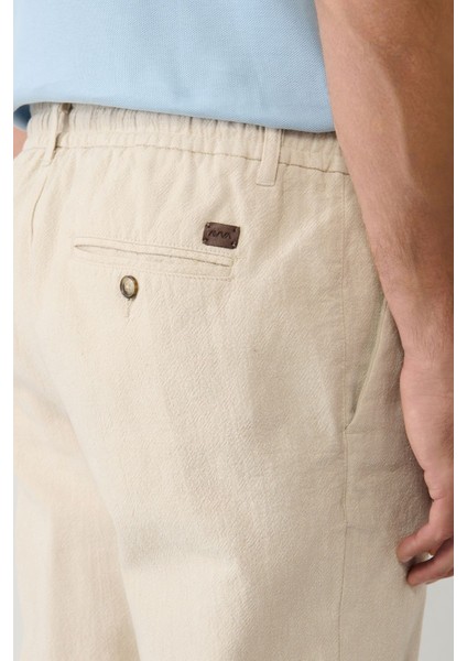 Erkek Bej Relaxed Fit Beli Bağcıklı Keten Karışımlı Chino Pantolon B003036