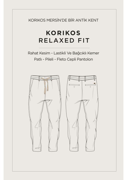Erkek Bej Relaxed Fit Beli Bağcıklı Keten Karışımlı Chino Pantolon B003036