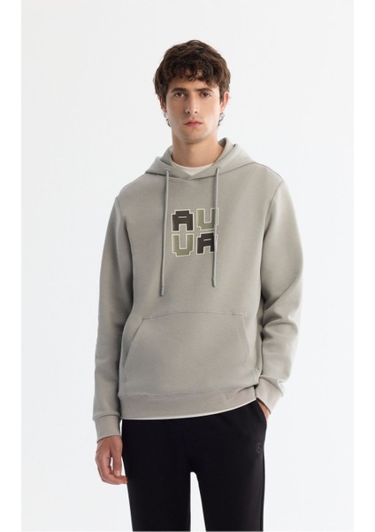 Erkek Gri Kapüşonlu Pamuklu Baskılı Elastan Sweatshirt A42Y1324