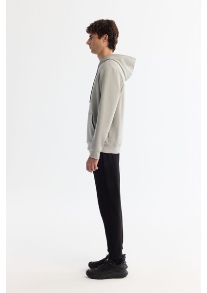 Erkek Gri Kapüşonlu Pamuklu Baskılı Elastan Sweatshirt A42Y1324