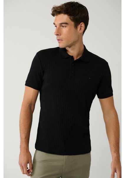 Erkek Siyah %100 Pamuk 3 Düğmeli Jakarlı Polo Yaka Regular Fit T-Shirt A41Y1354