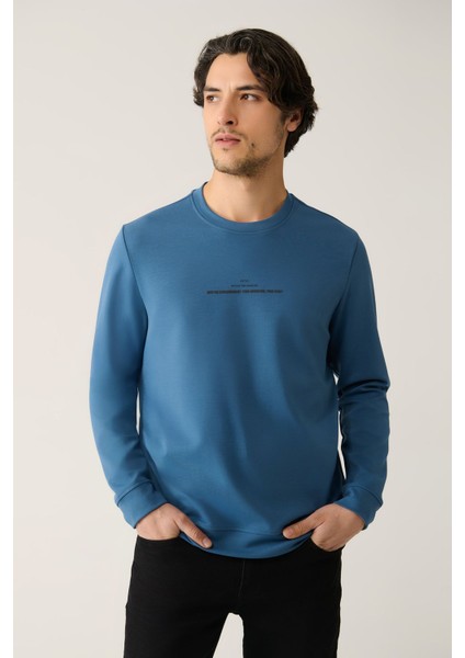 Erkek İndigo Bisiklet Yaka İnterlok Baskılı Sweatshirt A41Y1246