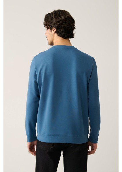 Erkek İndigo Bisiklet Yaka İnterlok Baskılı Sweatshirt A41Y1246
