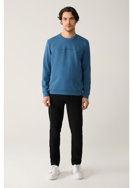 Erkek İndigo Bisiklet Yaka İnterlok Baskılı Sweatshirt A41Y1246