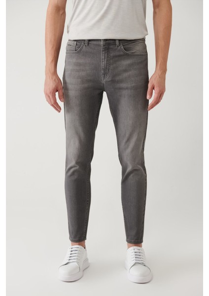Erkek Gri Eskitme Yıkamalı Esnek Jean Pantolon A41Y3514