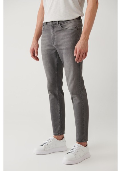 Erkek Gri Eskitme Yıkamalı Esnek Jean Pantolon A41Y3514