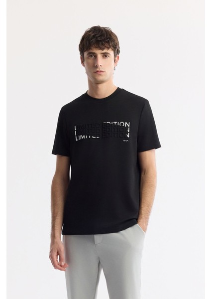 Erkek Siyah Bisiklet Yaka Gofre Baskılı İnterlok T-Shirt A51Y1003