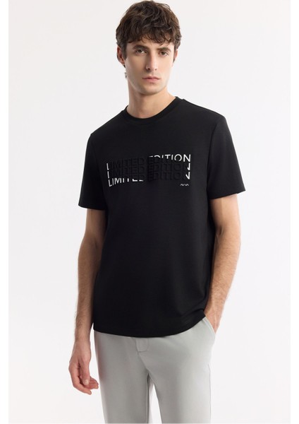 Erkek Siyah Bisiklet Yaka Gofre Baskılı İnterlok T-Shirt A51Y1003
