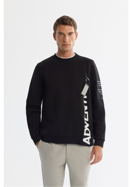 Erkek Siyah Bisiklet Yaka Pamuklu Baskılı Elastan Sweatshirt A42Y1246