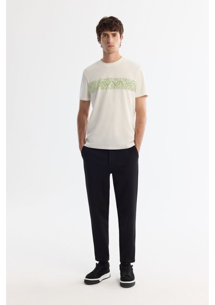Erkek Ekru Bisiklet Yaka İnterlok Elastan T-Shirt A42Y1005