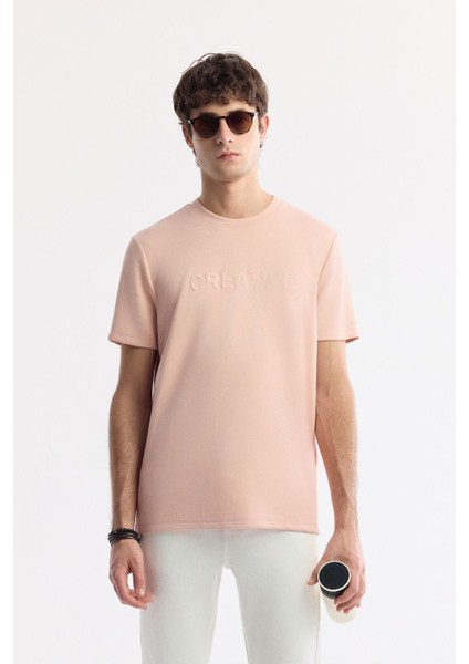 Erkek Pudra Regular Fit Bisiklet Yaka Baskılı Bi Stretch İnterlok T-Shirt A51Y1131