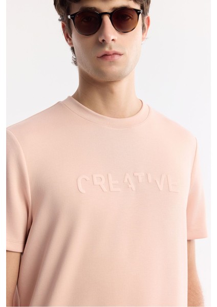 Erkek Pudra Regular Fit Bisiklet Yaka Baskılı Bi Stretch İnterlok T-Shirt A51Y1131