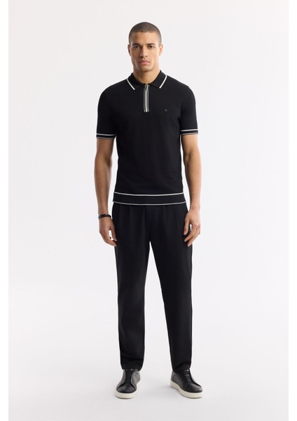 Erkek Siyah Regular Fit Polo Yaka Dokulu Rayon Triko T-shirt A51y5165