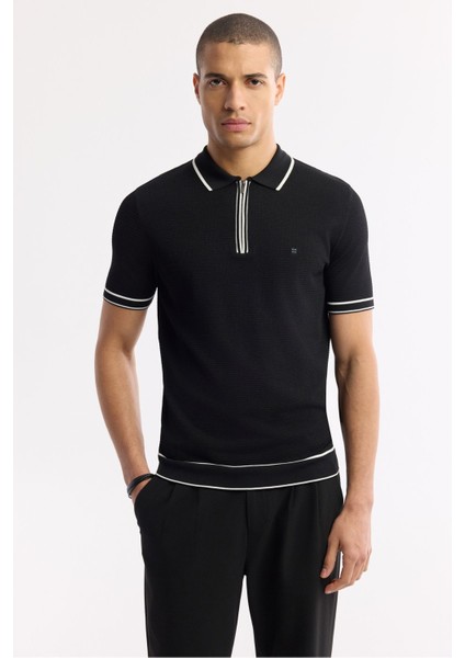 Erkek Siyah Regular Fit Polo Yaka Dokulu Rayon Triko T-shirt A51y5165