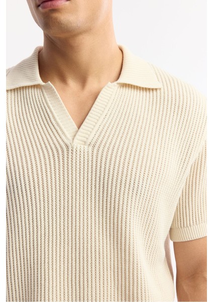 Erkek Bej %100 Pamuk Polo Yaka Düğmesiz Ajurlu Triko T-shirt A51y5166 modelleri