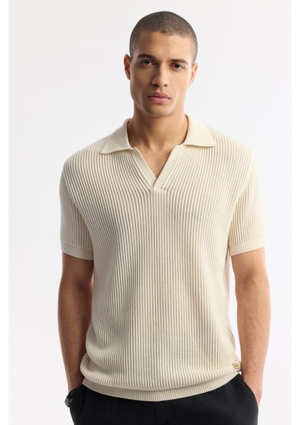 Erkek Bej %100 Pamuk Polo Yaka Düğmesiz Ajurlu Triko T-shirt A51y5166