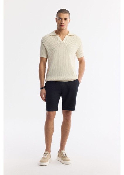 Erkek Bej %100 Pamuk Polo Yaka Düğmesiz Ajurlu Triko T-shirt A51y5166