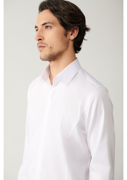 Erkek Beyaz Slim Fit %100 Pamuk Klasik Yaka Saten Gömlek B002002 fiyatları