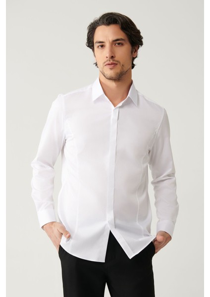 Erkek Beyaz Slim Fit %100 Pamuk Klasik Yaka Saten Gömlek B002002 modelleri