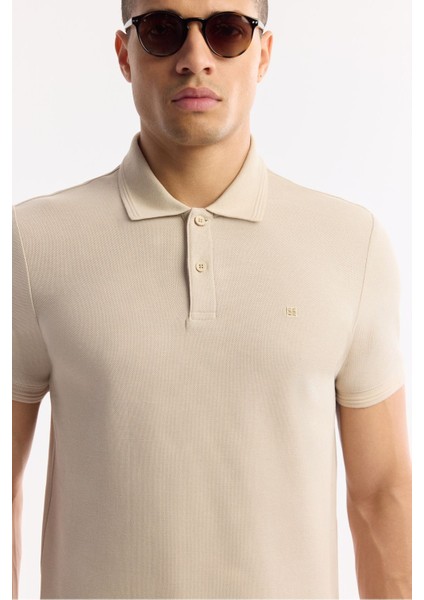 Erkek Bej Regular Fit %100 Pamuk Hızlı Kuruyan Kıvrılmayan Polo Yaka T-Shirt B001032