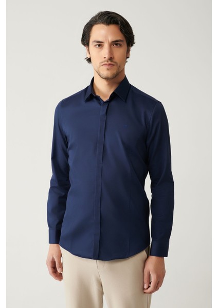 Erkek Lacivert Slim Fit %100 Pamuk Klasik Yaka Saten Gömlek B002002