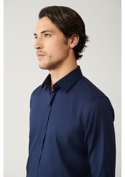 Erkek Lacivert Slim Fit %100 Pamuk Klasik Yaka Saten Gömlek B002002 fiyatları