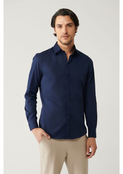 Erkek Lacivert Slim Fit %100 Pamuk Klasik Yaka Saten Gömlek B002002 modelleri
