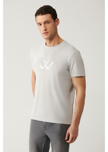 Erkek Açık Gri Bisiklet Yaka Baskılı Soft Touch T-Shirt A41Y1131