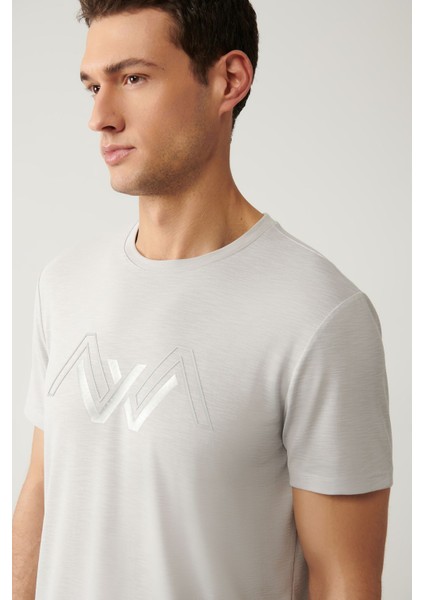Erkek Açık Gri Bisiklet Yaka Baskılı Soft Touch T-Shirt A41Y1131