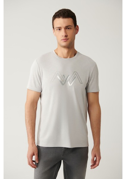 Erkek Açık Gri Bisiklet Yaka Baskılı Soft Touch T-Shirt A41Y1131