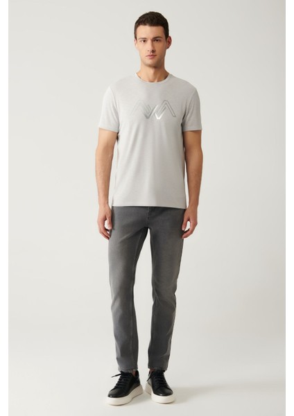 Erkek Açık Gri Bisiklet Yaka Baskılı Soft Touch T-Shirt A41Y1131