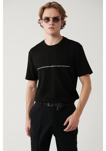 Erkek Siyah Bisiklet Yaka Baskılı Interlok T-shirt A41y1132