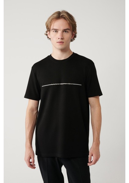 Erkek Siyah Bisiklet Yaka Baskılı Interlok T-shirt A41y1132 modelleri