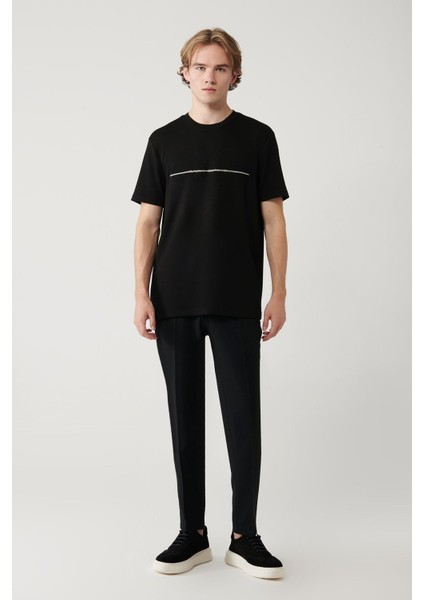 Erkek Siyah Bisiklet Yaka Baskılı Interlok T-shirt A41y1132