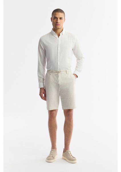 Erkek Bej Beli Lastikli Bağcıklı Gofreli Pamuklu Relaxed Fit Şort A51Y3704