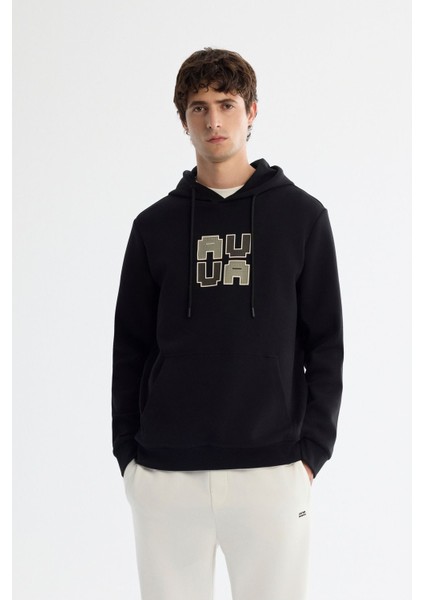 Erkek Siyah Kapüşonlu Pamuklu Baskılı Elastan Sweatshirt A42Y1324
