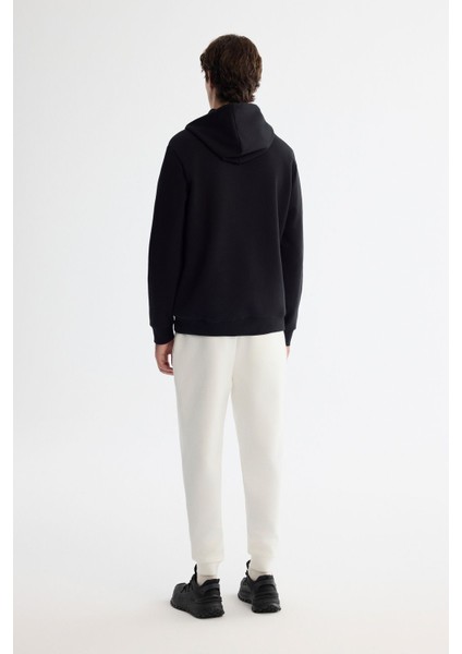 Erkek Siyah Kapüşonlu Pamuklu Baskılı Elastan Sweatshirt A42Y1324