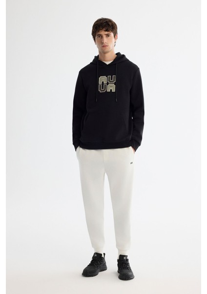 Erkek Siyah Kapüşonlu Pamuklu Baskılı Elastan Sweatshirt A42Y1324