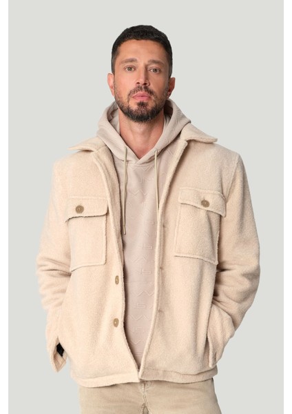 Erkek Bej Kapüşonlu Baskılı Elastan Sweatshirt A42y1332