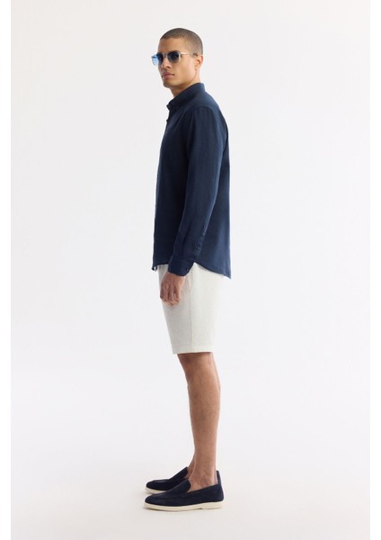 Erkek Lacivert Comfort Fit %100 Keten Düğmeli Yaka Gömlek B002191 modelleri