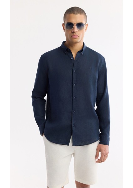 Erkek Lacivert Comfort Fit %100 Keten Düğmeli Yaka Gömlek B002191 indirimleri