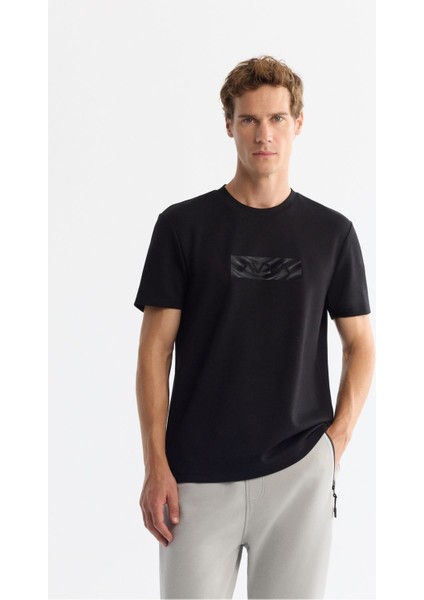 Erkek Siyah Bisiklet Yaka Baskılı Elastan T-shirt A42y1007