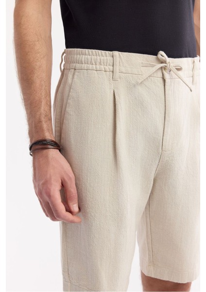 Erkek Bej Relaxed Fit Beli Lastikli Dokulu Teos Şort B003731