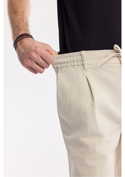 Erkek Bej Relaxed Fit Beli Lastikli Dokulu Teos Şort B003731