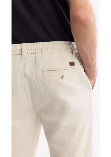 Erkek Bej Relaxed Fit Beli Lastikli Dokulu Teos Şort B003731