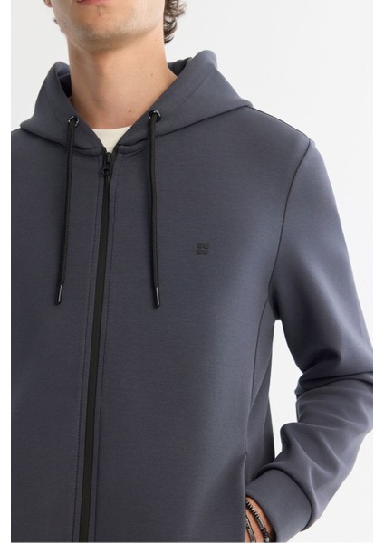 Erkek Antrasit Regular Fit Kapüşonlu İnterlok Kumaş Fermuarlı Sweatshirt B001102