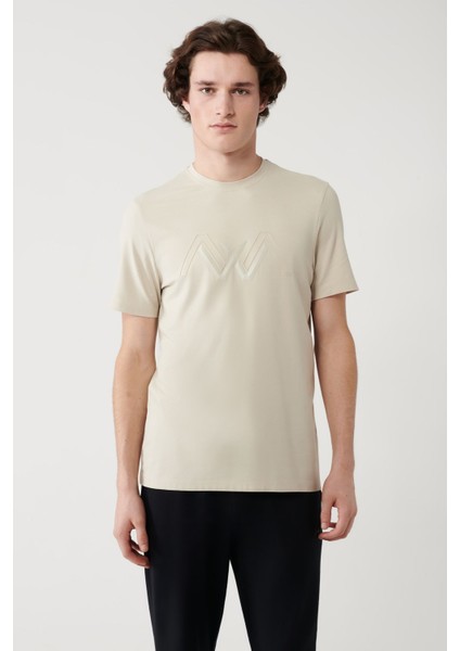 Erkek Bej Bisiklet Yaka Baskılı Soft Touch T-shirt A41y1037