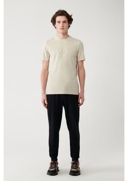 Erkek Bej Bisiklet Yaka Baskılı Soft Touch T-shirt A41y1037
