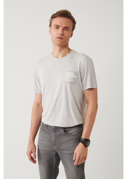 Erkek Gri Bisiklet Yaka Baskılı Soft Touch T-Shirt A41Y1136