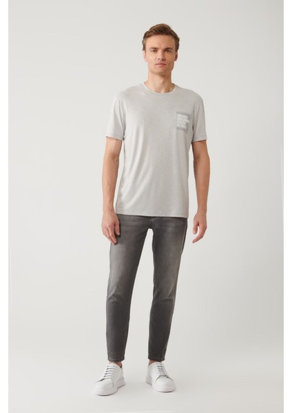 Erkek Gri Bisiklet Yaka Baskılı Soft Touch T-Shirt A41Y1136